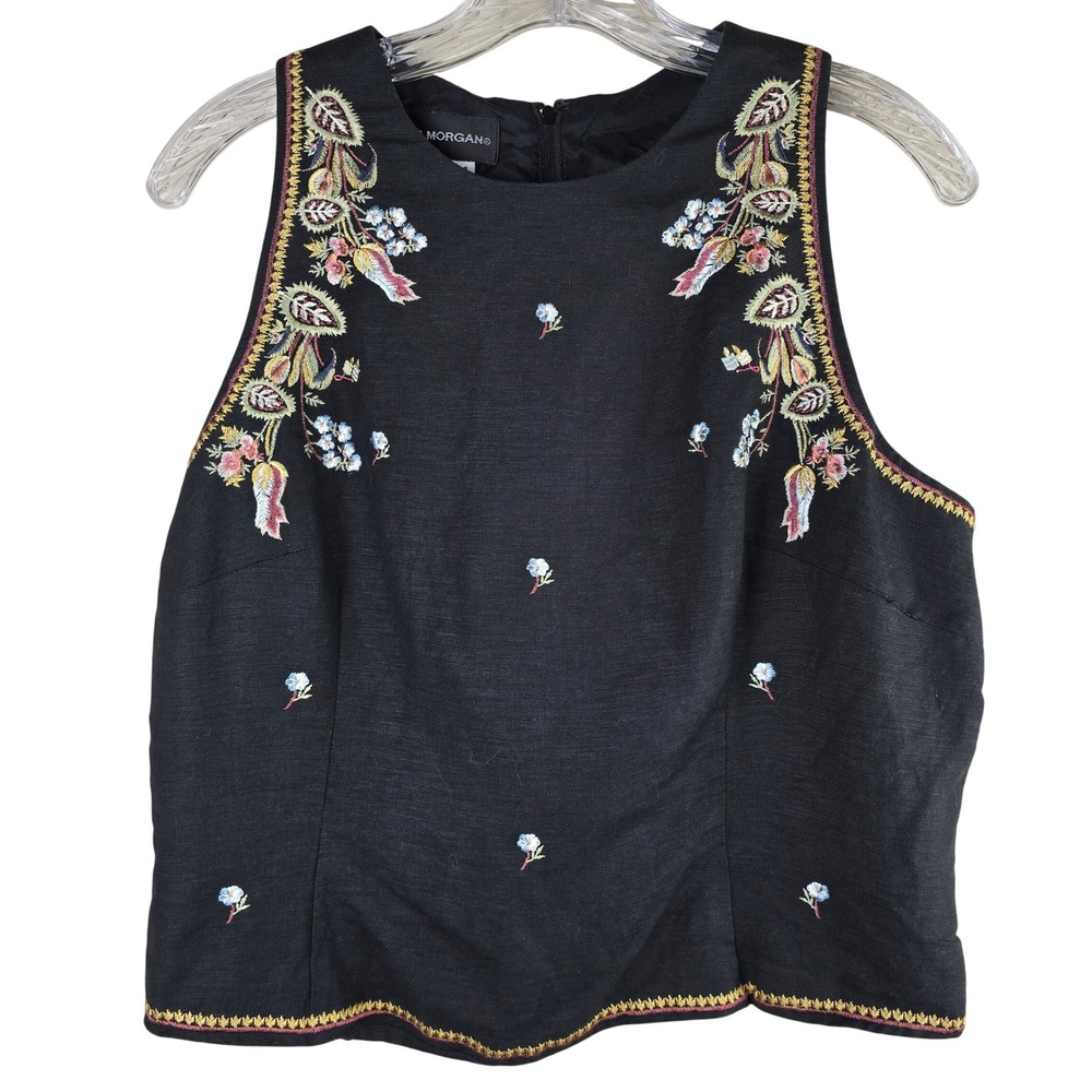 Donna Morgan Vintage Black Linen Blend Floral Embroidered Sleeveless Top Size 14